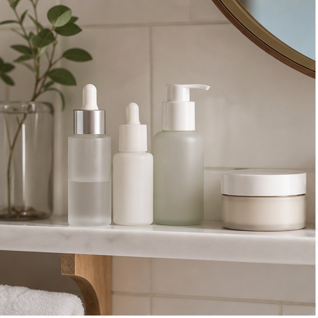 Non-branded skincare routine bottles